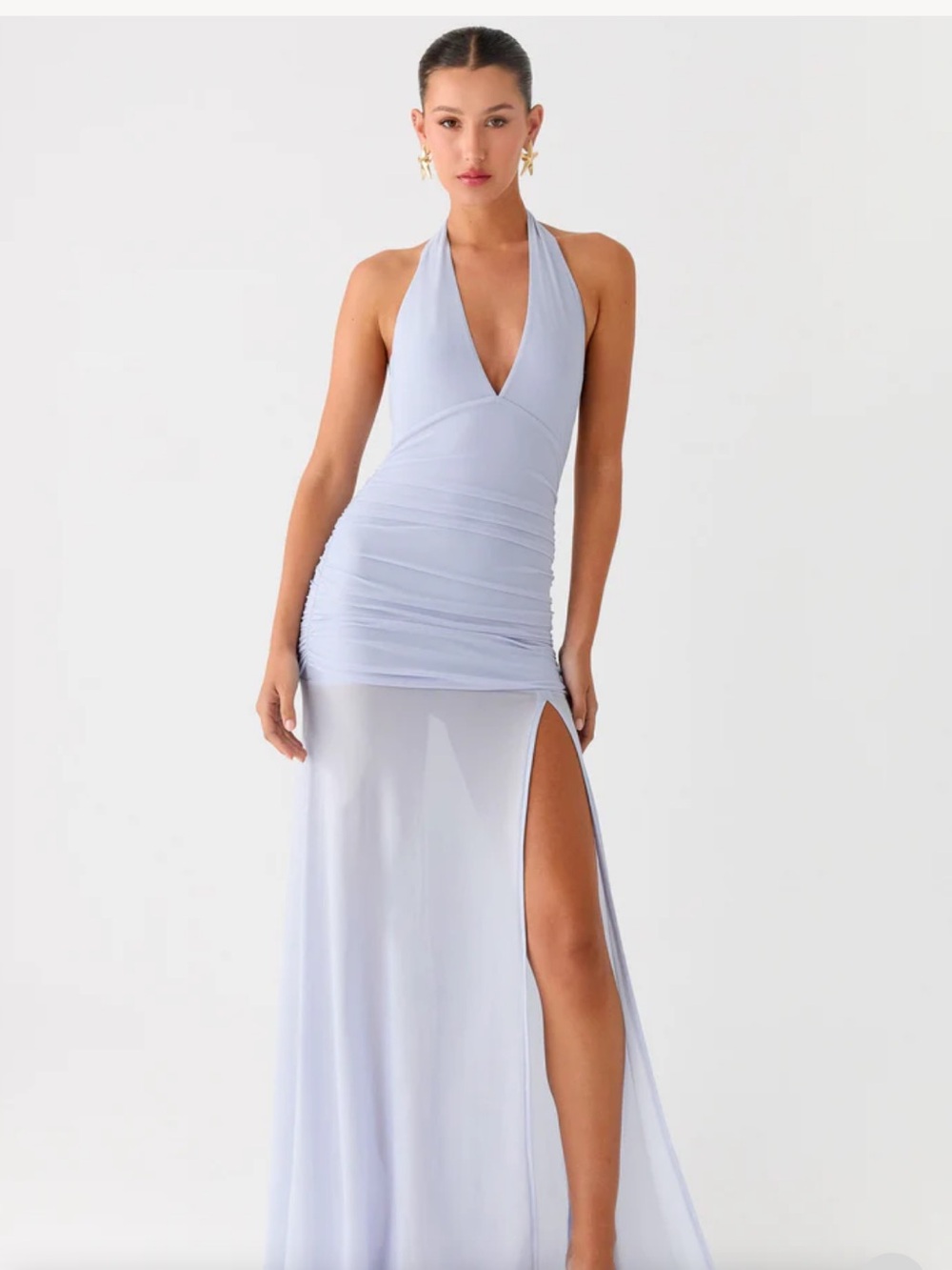 Peppermayo- Light blue Halter Plunge Side-Slit Maxi Dress